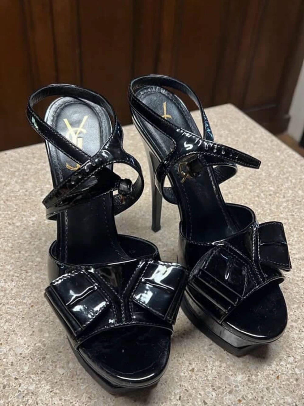 Saint Laurent Patent Black Bow Platform Sandals